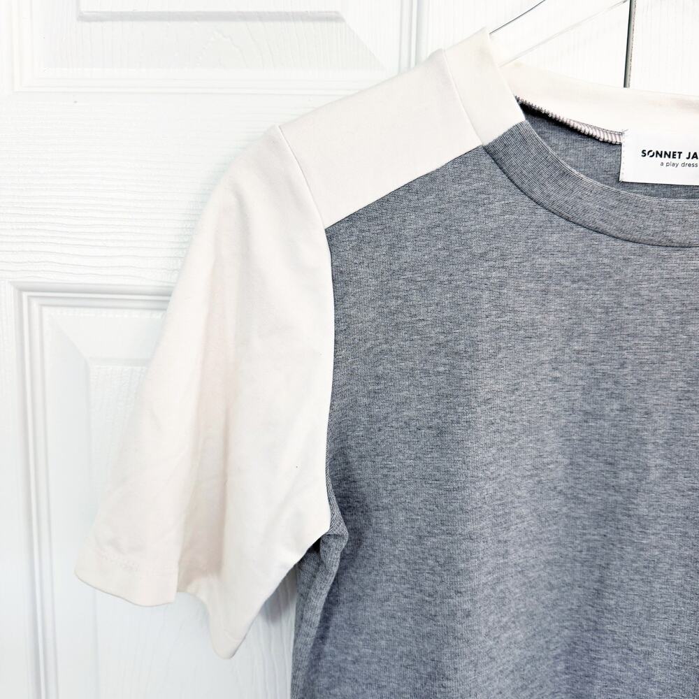 Sonnet James Quincy Dress Sheath Ponte Gray White Sleeve Minimalist Work Casual - Picture 2 of 6